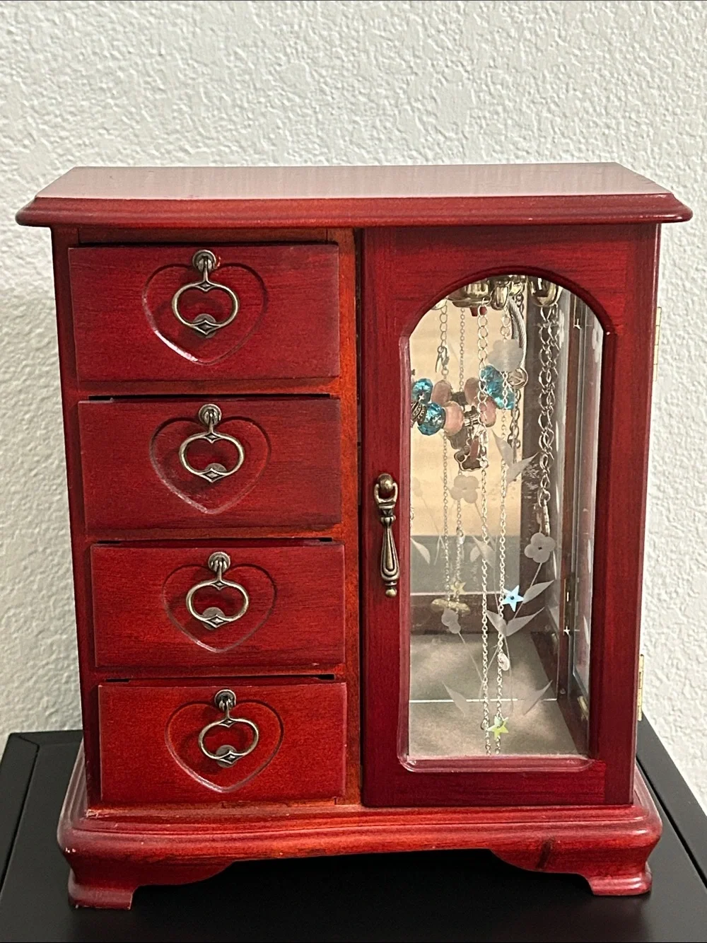 Red Wooden Jewelry Armoire with Glass Door Jewelry Wood Storage Cabinet-Small